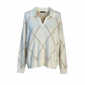 T Tahari Cream V-Neck Sweater with Tan Pattern